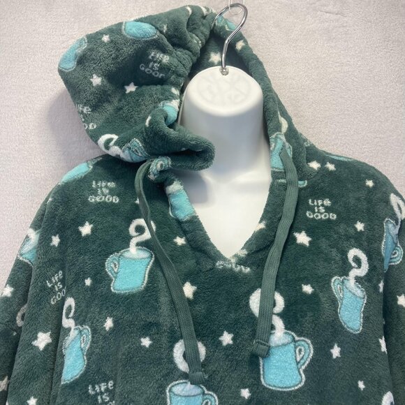 Life Is Good Fleece Hooded Nightgown Womens Medium M Green Mug Coffee Pockets - Picture 9 of 14